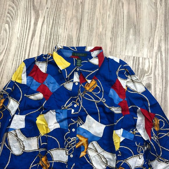 LAUREN RALPH LAUREN Women Top Blouse Nautical Theme Flags Anchor Button 2XL XXL - Picture 3 of 9